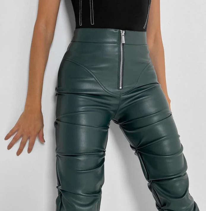 2022 Ins Trendy New High Waist Stacked PU Leather Pants Black Street Motor Fashion Women Stacked Pants