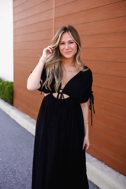 Embrace the Memories Shirred Maxi Dress - Black