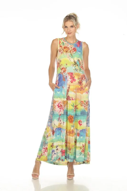 Johnny Was Tie-Dye Floral Sleeveless Tiered Maxi Dress Boho Chic T33423