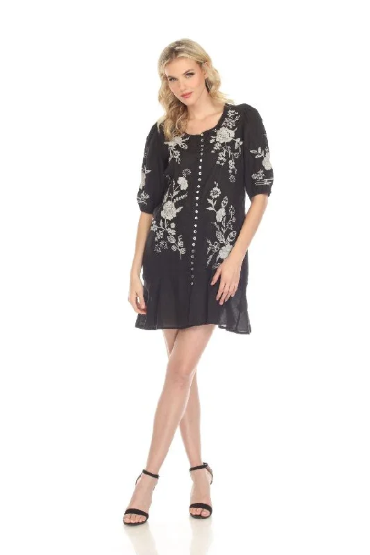 Johnny Was Workshop Black Osiris Puff Sleeve Button-Down Dress Boho Chic W35822