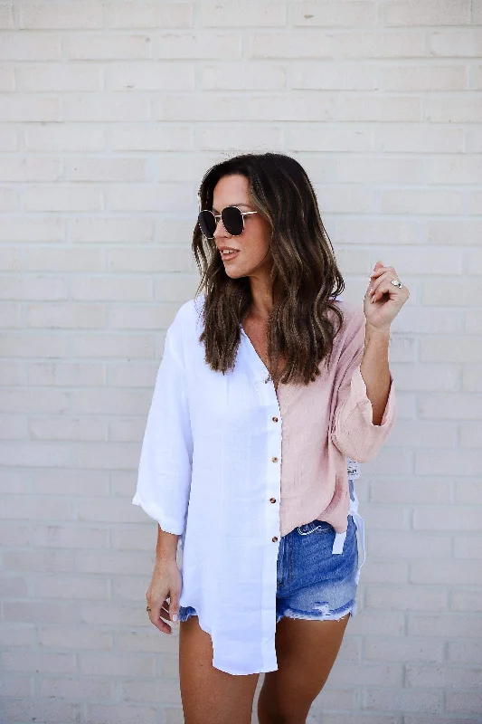 Two-Tone Button Up Dropped Shoulder Shirt