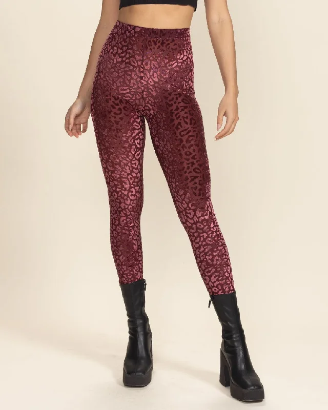 Women's Velvet Leggings | Red Crimson Burnout Leopard